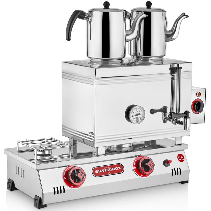 Silverinox 2 Demlikli Çay Kazanı, Çift Taban, Kaynaklı, Elektrikli+LPG'li, 40'lık