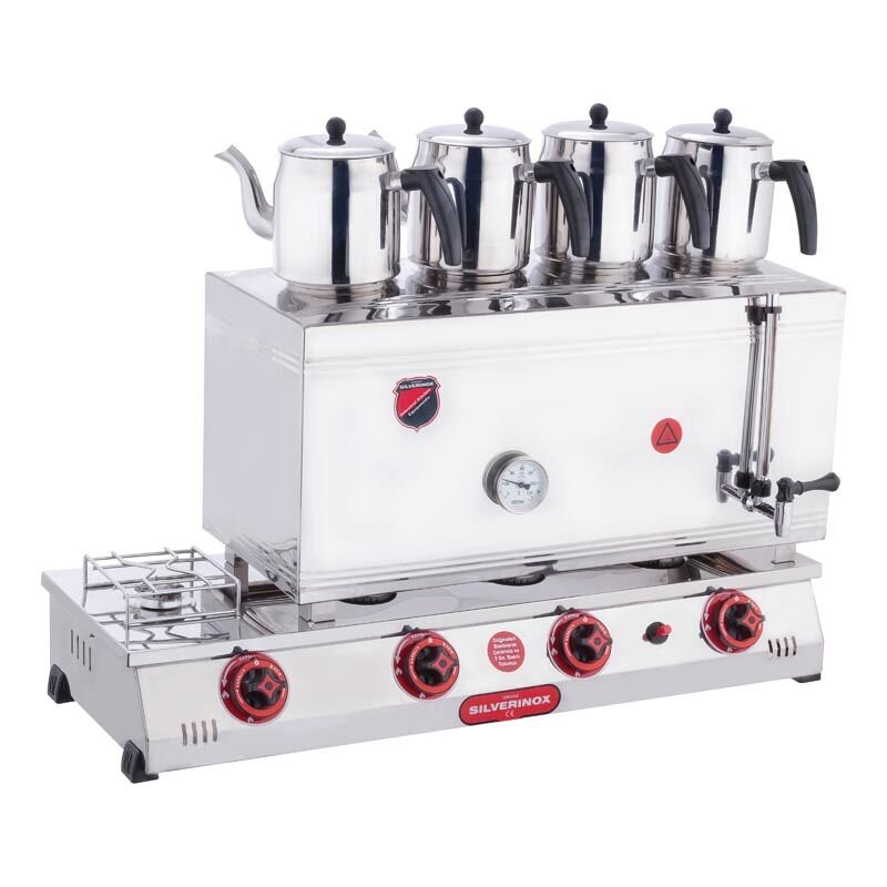 Silverinox 4 Demlikli Çay Kazanı, Çift Taban, Kaynaklı, Elektrikli+LPG'li, 85'lik