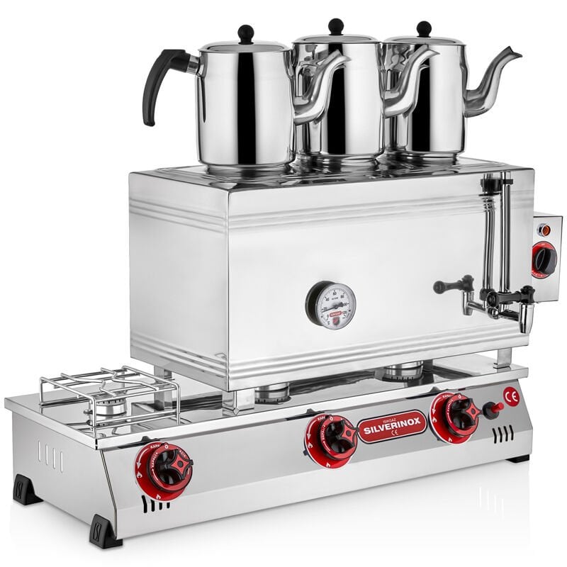 Silverinox 3 Demlikli Çay Kazanı, Çift Taban, Kaynaklı, Elektrikli+Doğalgazlı, 60'lık